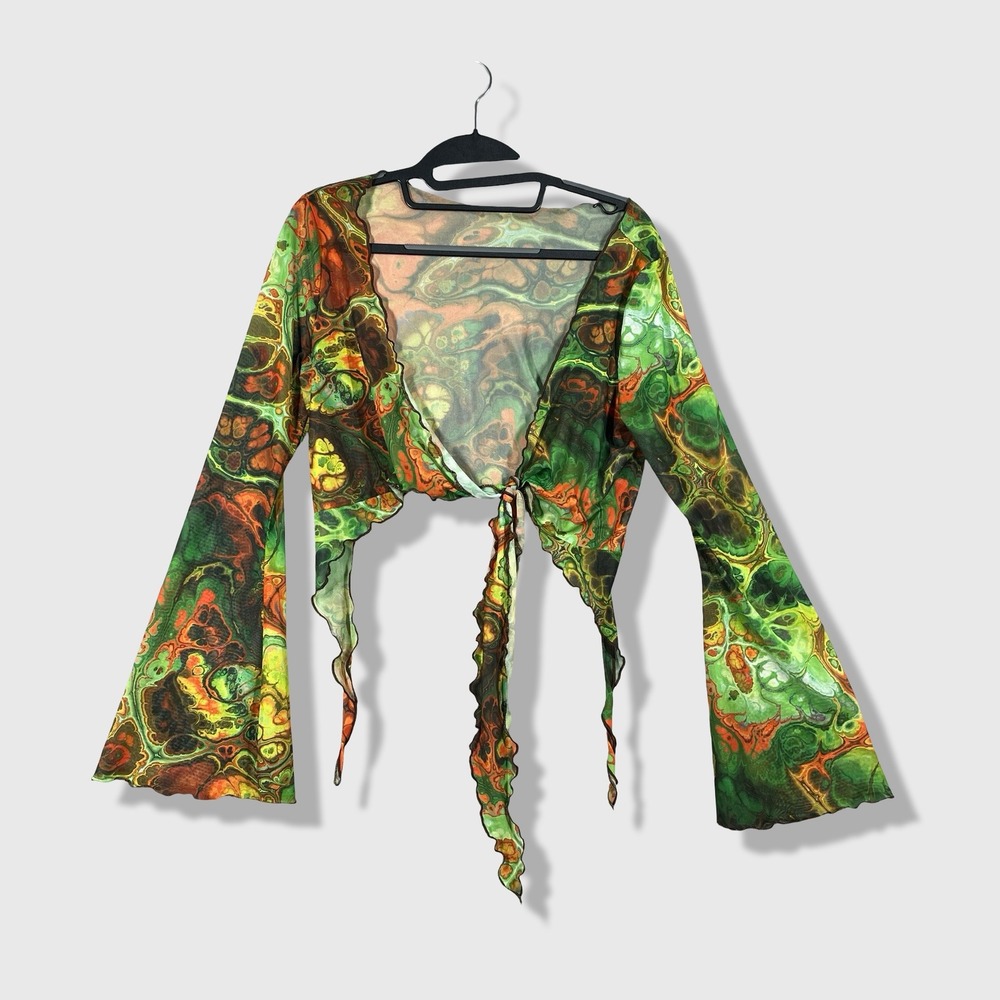 Tie Front Top Womens Large Green Abstract Psychedelic Mesh Flare Sleeve Festival